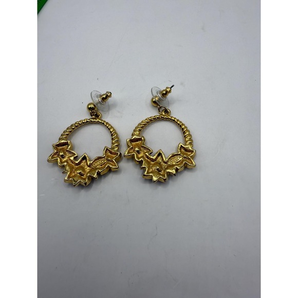 Vintage Avon Gold Tone Floral Hoop Earrings Red Enamel Rhinestone Dangle - Picture 2 of 4